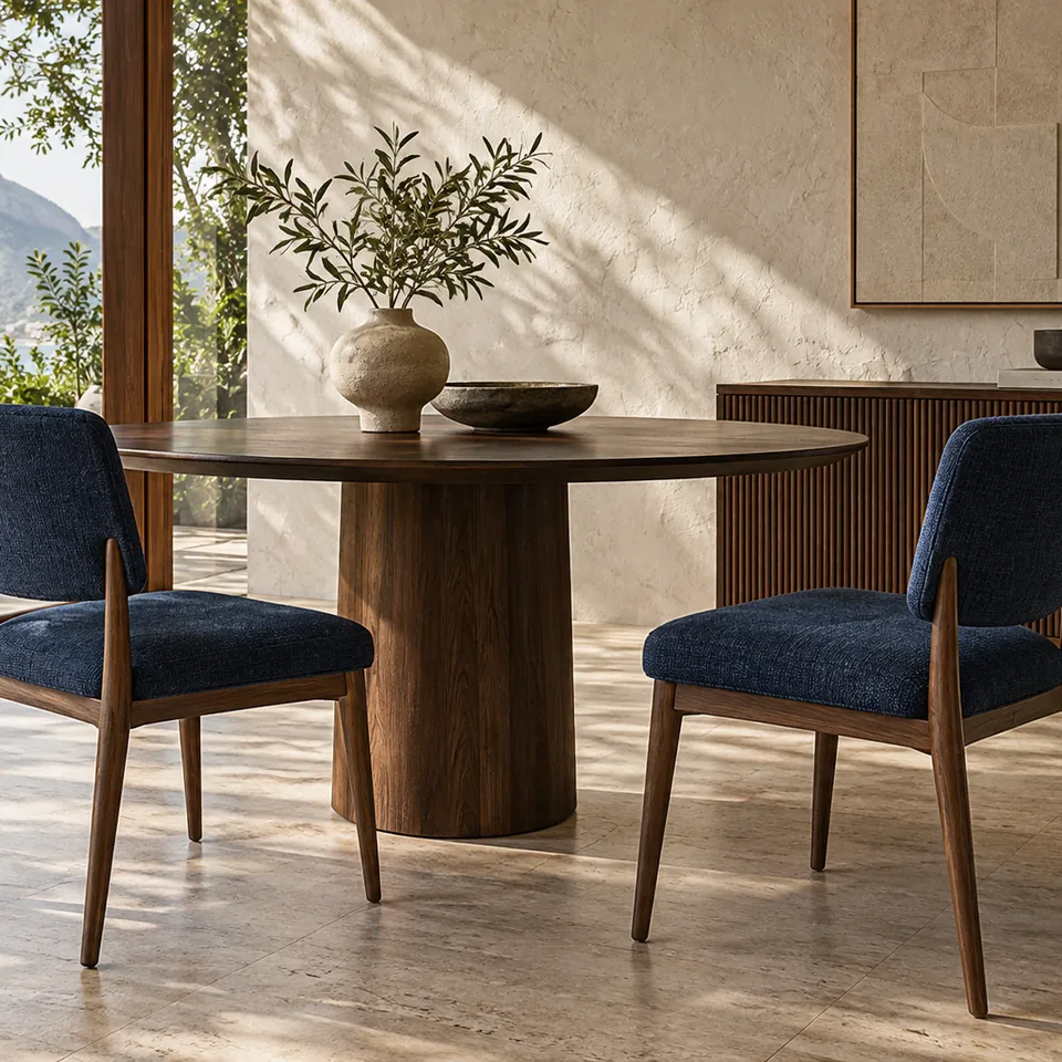 Cadeiras estofadas em azul em torno de uma mesa de madeira